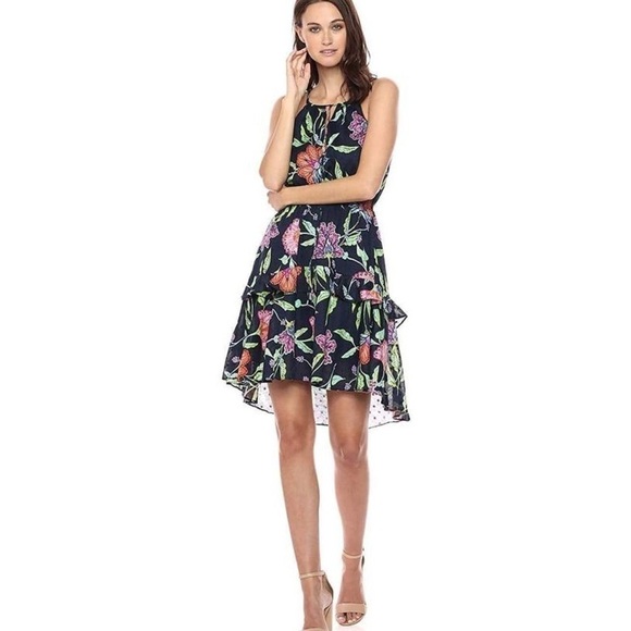 Taylor NWT Navy Floral Print Keyhole Front Tiered Spring Summer Dress Size 2 - Picture 2 of 15